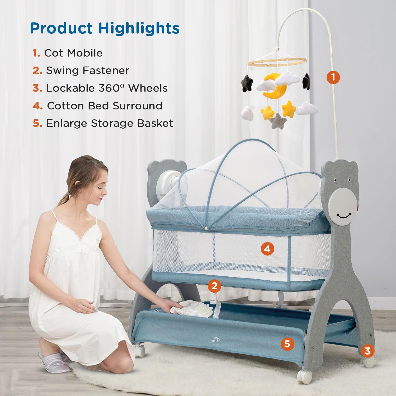 Baby crib with cot mobile, swing fastener, and other features labeled on a white background.